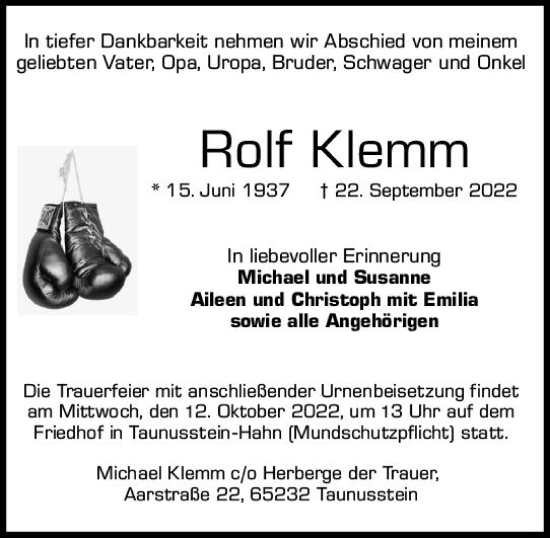Traueranzeige von Rolf Klemm von vrm-trauer Wiesbadener Kurier