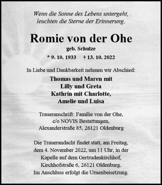 Traueranzeige von Romie von der Ohe von vrm-trauer Wiesbadener Kurier