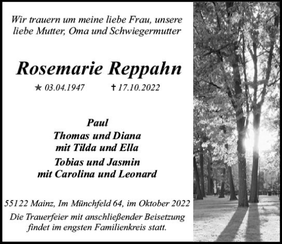 Traueranzeige von Rosemarie Reppahn von vrm-trauer AZ Mainz