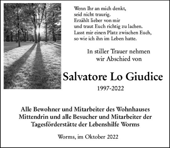 Traueranzeige von Salvatore Lo Giudice von vrm-trauer Wormser Zeitung