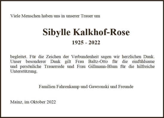 Traueranzeige von Sibylle Kalkhof-Rose von vrm-trauer AZ Mainz