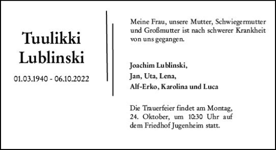 Traueranzeige von Tuulikki Lublinski von vrm-trauer Darmstädter Echo