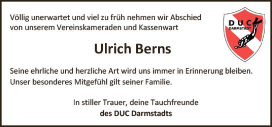 Traueranzeige von Ulrich Berns von vrm-trauer Darmstädter Echo