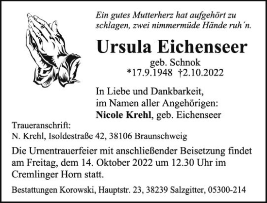 Traueranzeige von Ursula Eichenseer von vrm-trauer Rheingau