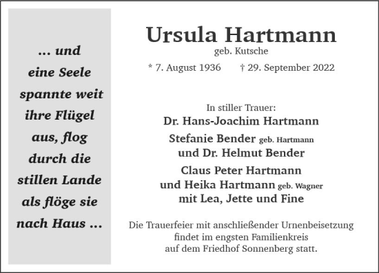 Traueranzeige von Ursula Hartmann von vrm-trauer Wiesbadener Kurier