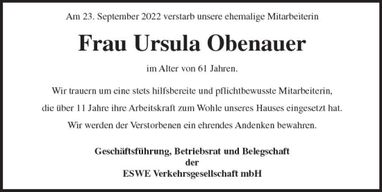 Traueranzeige von Ursula Obenauer von vrm-trauer Wiesbadener Kurier