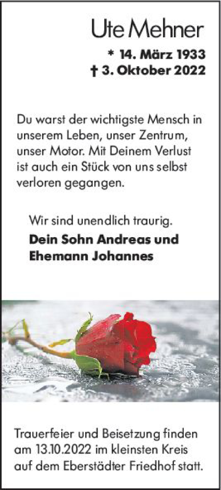 Traueranzeige von Ute Mehner von vrm-trauer Darmstädter Echo