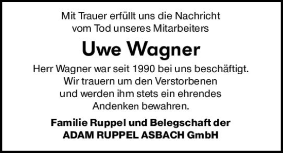 Traueranzeige von Uwe Wagner von vrm-trauer Odenwälder Echo