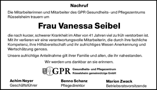 Traueranzeige von Vanessa Seibel von vrm-trauer Rüsselsheimer Echo / MainSpitze
