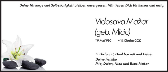 Traueranzeige von Vidosava Mazar von vrm-trauer Wiesbadener Kurier