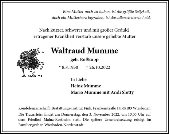 Traueranzeige von Waltraud Mumme von vrm-trauer Wiesbadener Kurier