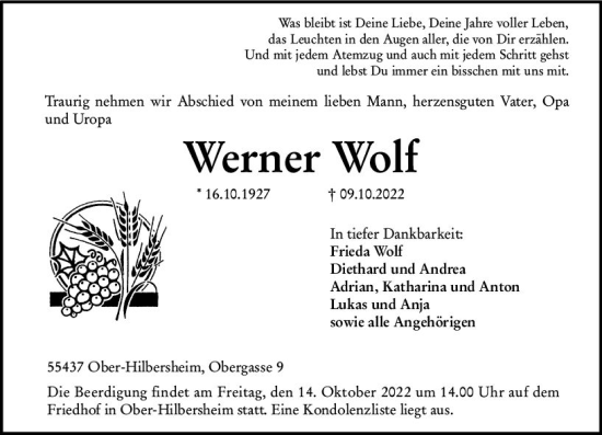 Traueranzeige von Werner Wolf von vrm-trauer Allgemeine  Zeitung Ingelheim-Bingen