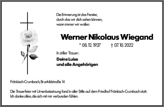 Traueranzeige von Werner Nikolaus Wiegand von vrm-trauer Odenwälder Echo