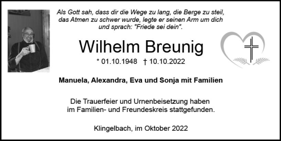 Traueranzeige von Wilhelm Breunig von vrm-trauer WK-UTA