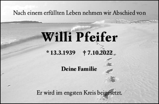 Traueranzeige von Willi Pfeifer von vrm-trauer Wiesbadener Kurier