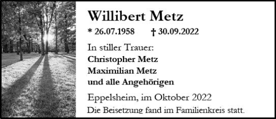Traueranzeige von Willibert Metz von vrm-trauer Allgemeine Zeitung Alzey