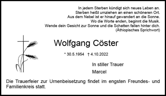 Traueranzeige von Wolfgang Cöster von vrm-trauer DieburgerAnzeiger/Groß-Zimmerner Lokala