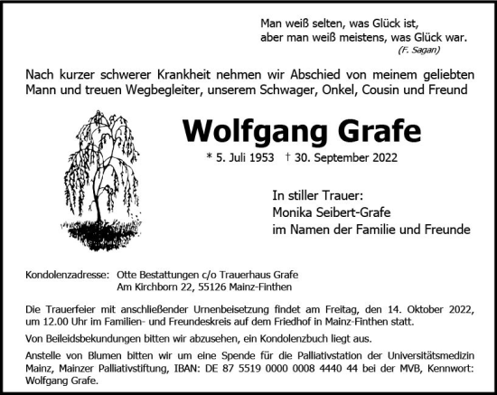 Traueranzeige von Wolfgang Grafe von vrm-trauer AZ Mainz