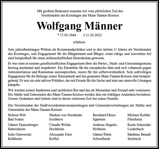 Traueranzeige von Wolfgang Männer von vrm-trauer Hochheimer Zeitung