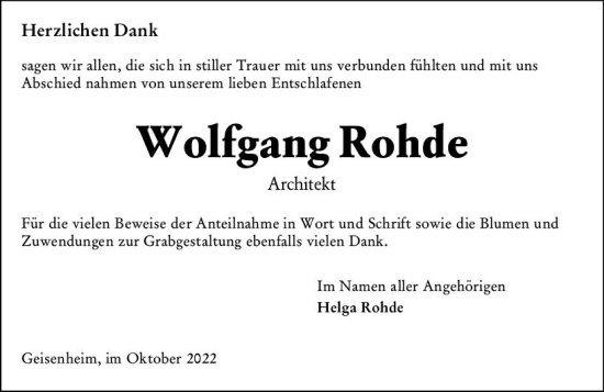 Traueranzeige von Wolfgang Rohde von vrm-trauer Rheingau