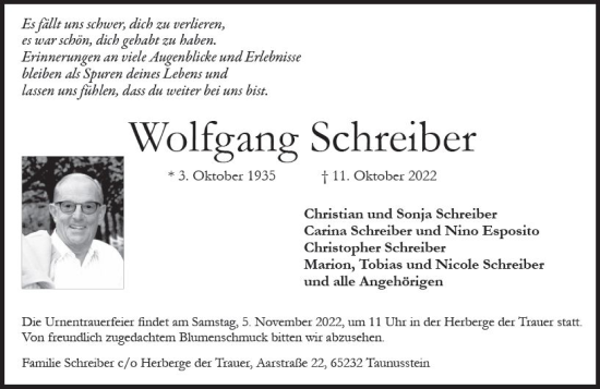 Traueranzeige von Wolfgang Schreiber von vrm-trauer Wiesbadener Kurier