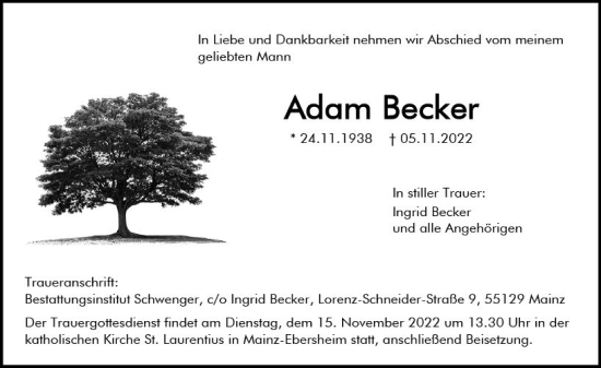 Traueranzeige von Adam Becker von vrm-trauer AZ Mainz