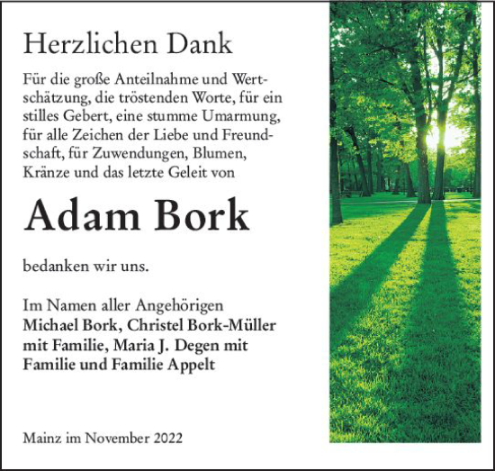 Traueranzeige von Adam Bork von vrm-trauer AZ Mainz