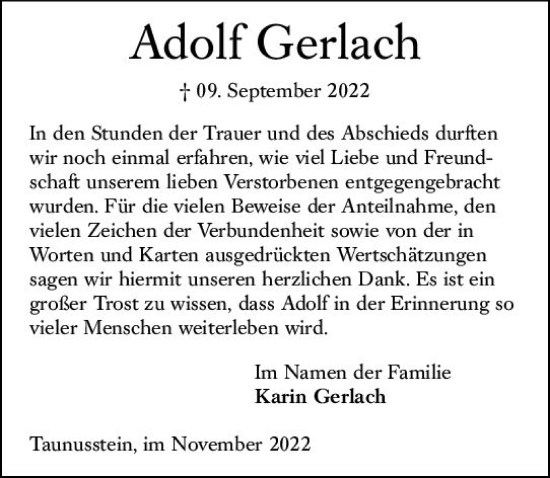 Traueranzeige von Adolf Gerlach von vrm-trauer Wiesbadener Kurier