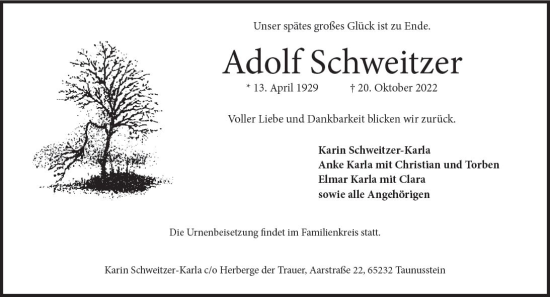 Traueranzeige von Adolf Schweitzer von vrm-trauer Wiesbadener Kurier