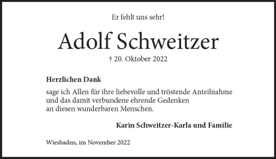 Traueranzeige von Adolf Schweitzer von vrm-trauer Wiesbadener Kurier