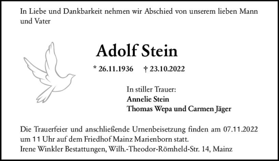 Traueranzeige von Adolf Stein von vrm-trauer AZ Mainz