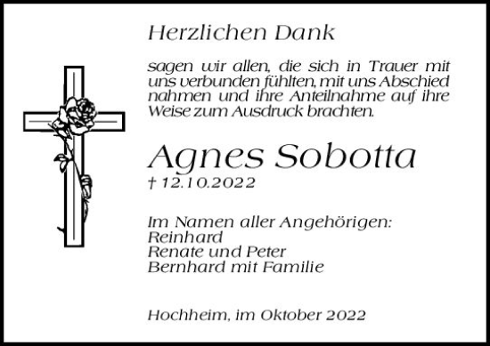 Traueranzeige von Agnes Sobotta von vrm-trauer Hochheimer Zeitung