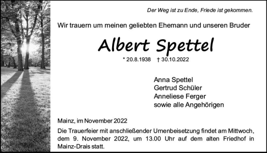 Traueranzeige von Albert Spettel von vrm-trauer AZ Mainz