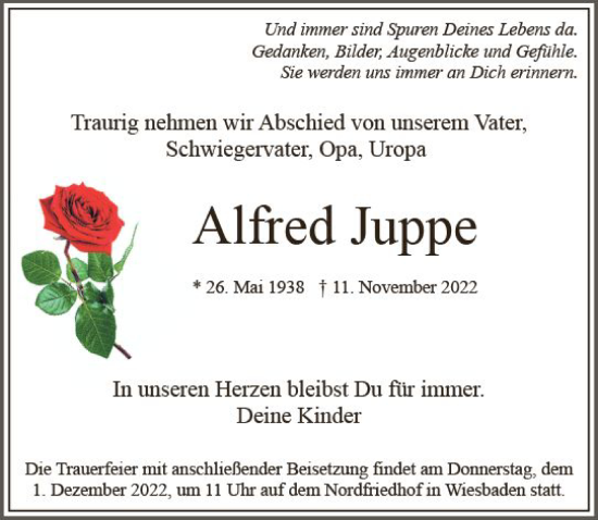 Traueranzeige von Alfred Juppe von vrm-trauer Wiesbadener Kurier