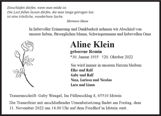Traueranzeige von Aline Klein von vrm-trauer Wiesbadener Kurier
