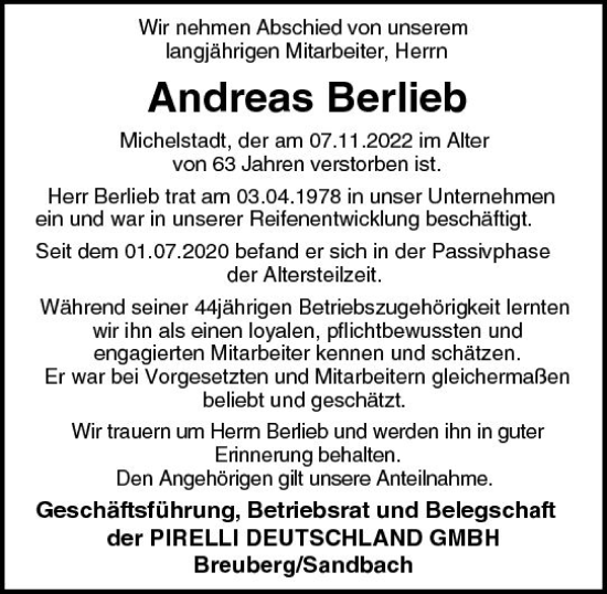Traueranzeige von Andreas Berlieb von vrm-trauer Odenwälder Echo