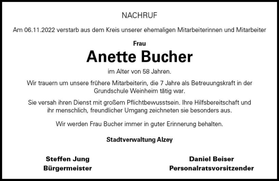 Traueranzeige von Anette Bucher von vrm-trauer Allgemeine Zeitung Alzey