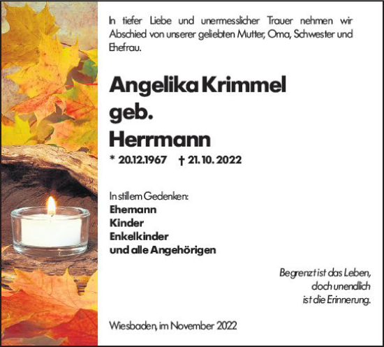 Traueranzeige von Angelika Krimmel von vrm-trauer Wiesbadener Kurier