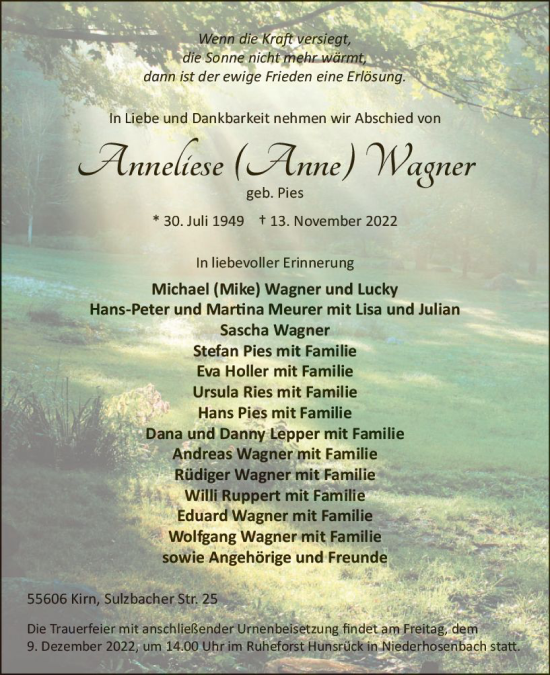 Traueranzeige von Anneliese Wagner von vrm-trauer AZ Mainz