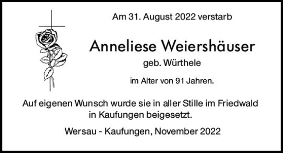 Traueranzeige von Anneliese Weiershäuser von vrm-trauer Odenwälder Echo