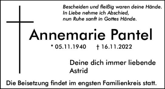 Traueranzeige von Annemarie Pantel von vrm-trauer Bürstädter/Lamperth. Ztg/Starkenburger