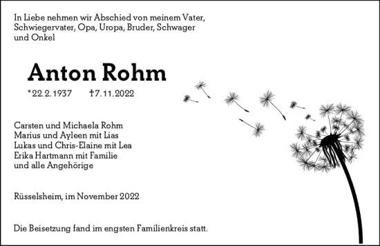 Traueranzeige von Anton Rohm von vrm-trauer Rüsselsheimer Echo / MainSpitze