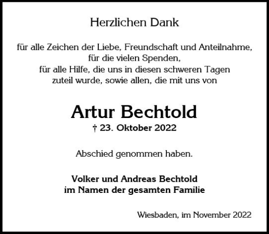 Traueranzeige von Artur Bechtold von vrm-trauer Wiesbadener Kurier