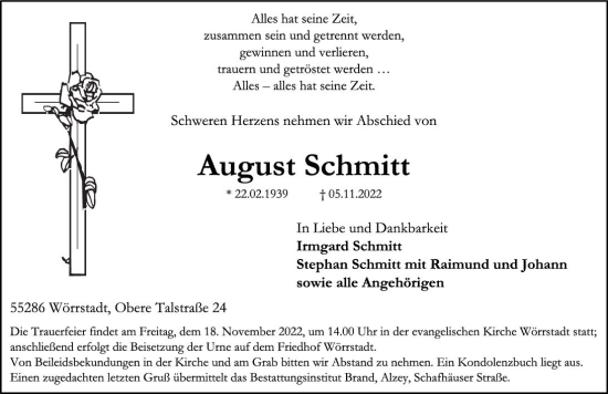 Traueranzeige von August Schmitt von vrm-trauer Allgemeine Zeitung Alzey