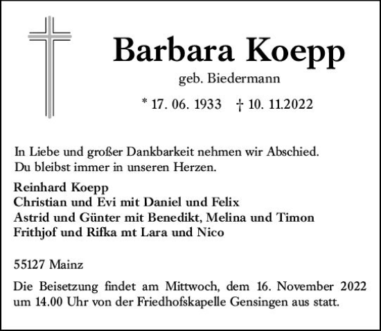 Traueranzeige von Barbara Koepp von vrm-trauer AZ Mainz