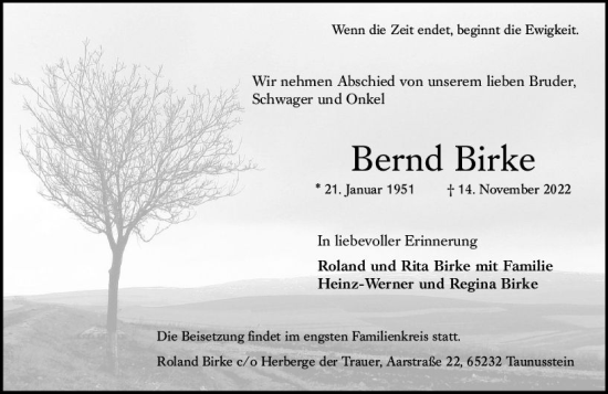 Traueranzeige von Bernd Birke von vrm-trauer Wiesbadener Kurier