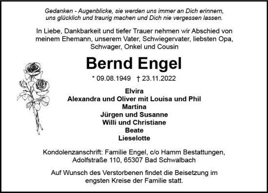 Traueranzeige von Bernd Engel von vrm-trauer Wiesbadener Kurier