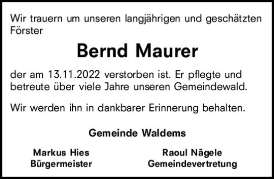 Traueranzeige von Bernd Maurer von vrm-trauer Idsteiner Zeitung