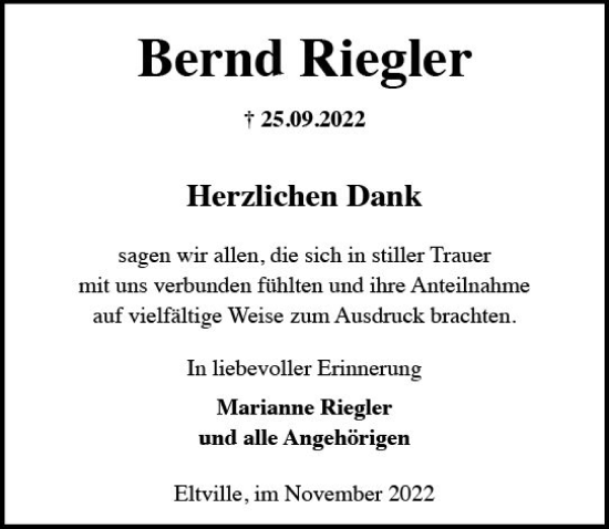 Traueranzeige von Bernd Riegler von vrm-trauer Wiesbadener Kurier