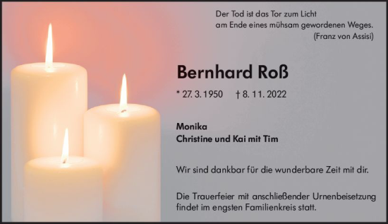 Traueranzeige von Bernhard Roß von vrm-trauer Bürstädter/Lamperth. Ztg/Starkenburger